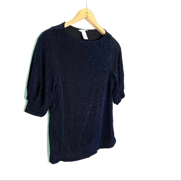 H&M | Blue Metallic Sparkly Short Puff Sleeve Top - Picture 2 of 6